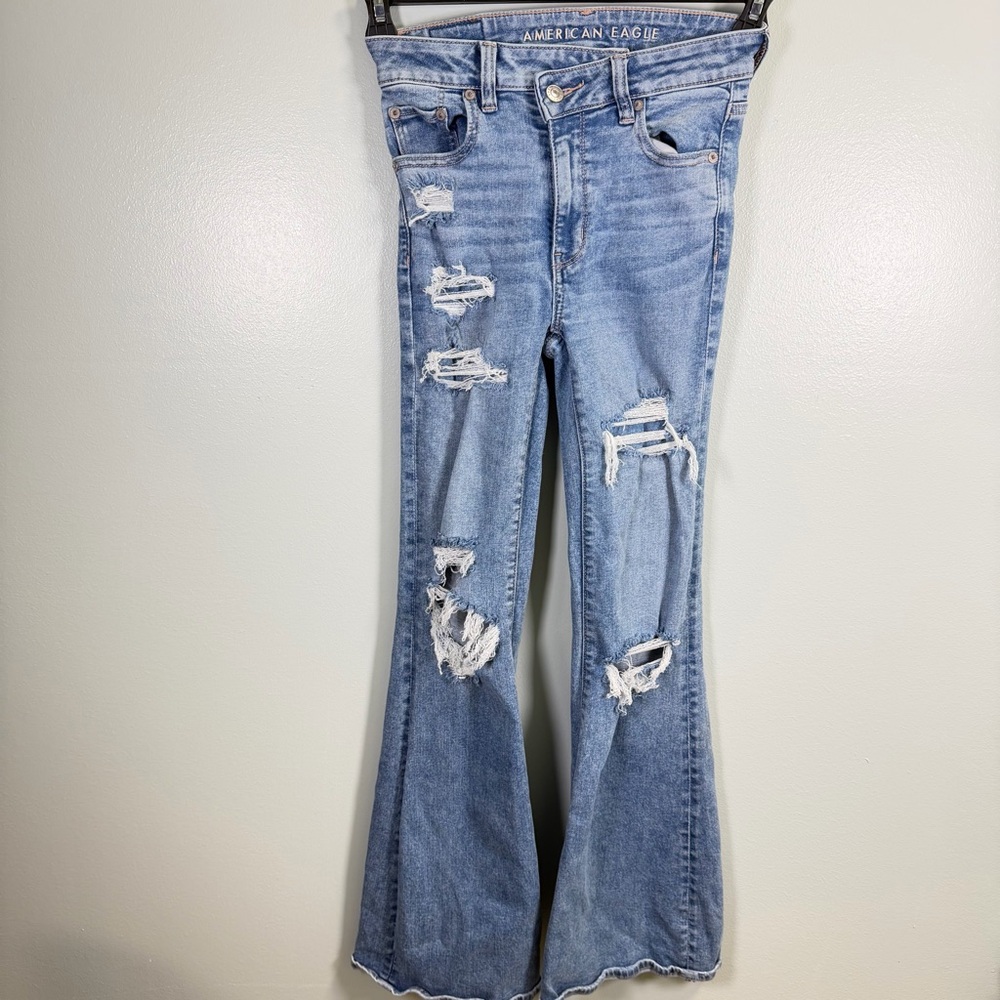 American Eagle Outfitters Medium Blue Distressed Flare Jeans